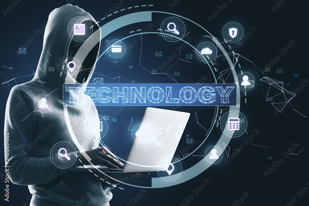 Aufkleber Hacker holsing laptop with glowing finance and technology interface.