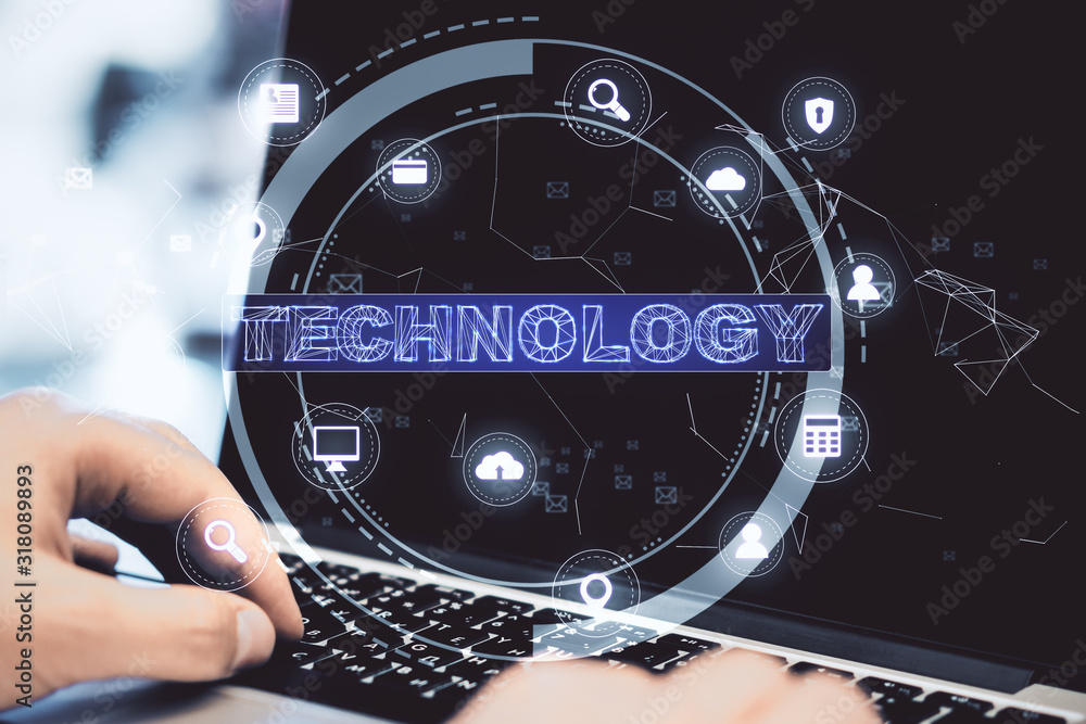 Aufkleber Hand using laptop with computing diagram