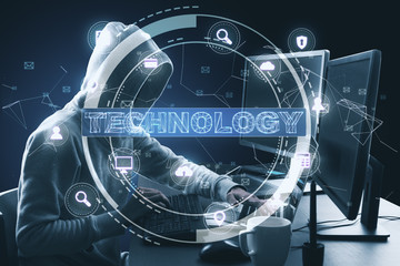 Naklejka premium Hacker working works at computer with glowing technology interface.