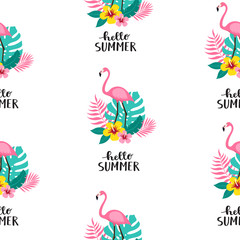 Summer seamless cute colorful pattern with flamingo, tropical leaves, flowers, on white background. Vector illustration