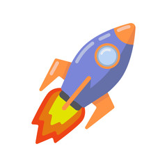 Flying lilac rocket with fire. Vector illustration