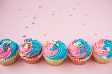 Colorful cupcakes on a pink background