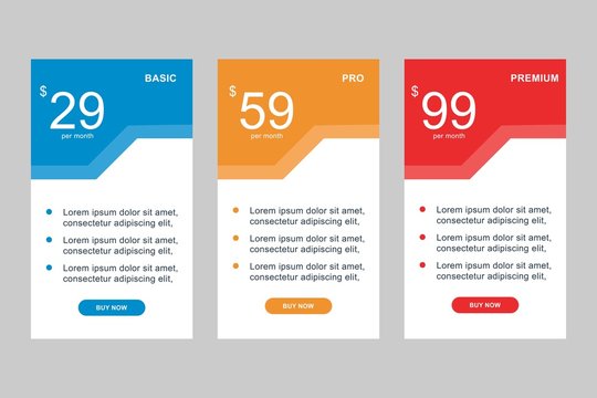 simple design set of pricing tables, box, button, orders, lists, ui and ux for web design or mobil and other