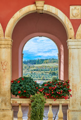 Obraz na płótnie Canvas View From Oprtalj To Vižintini Vrhi, Through Arch, Croatia