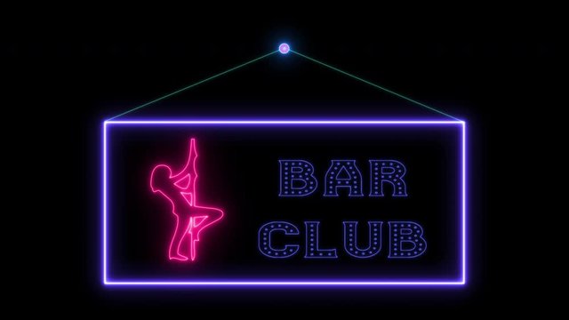 Hangtag Bar club neon sign fluorescent light glowing on signboard. Hanging notice tag Bar club by neon lights. The best stock of animation door notice neon flickering, flash in dark night