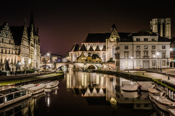 Fototapeta na wymiar Graslei and Korenlei at Night in Ghent Belgium