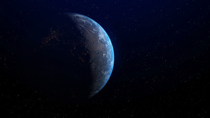 Realistic earth planet with sunrise at the horizon by 3d rendering graphic. Globalization and...