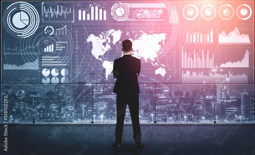 Poster big data technology for business finance analytic concept. modern graphic interface shows massive in