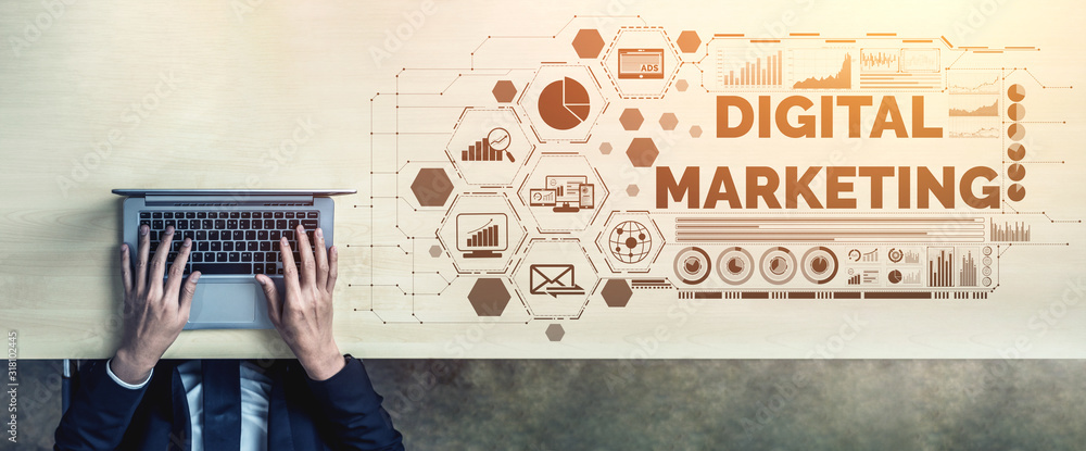 Poster digital marketing technology solution for online business concept - graphic interface showing analyt