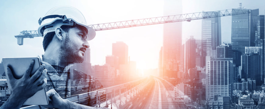 Future Building Construction Engineering Project Concept With Double Exposure Graphic Design. Building Engineer, Architect People Or Construction Worker Working With Modern Civil Equipment Technology.