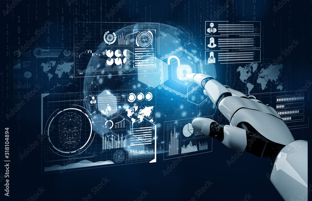 Poster futuristic robot technology development, artificial intelligence ai, and machine learning concept. g