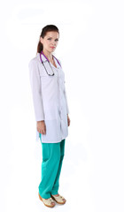 Smiling female doctor with a folder in uniform standing at hospital. Smiling female doctor