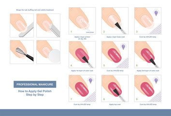 How to Apply Gel Polish Step by Step. Professional Manicure Tutorial. Vector illustration