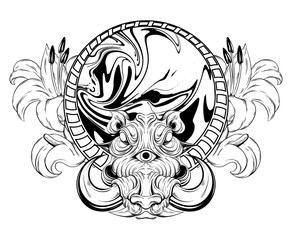 Vector hand drawn illustration of warthog isolated. Surrealistic tattoo artwork Template for card, poster, banner, print for t-shirt, pin, badge, patch.