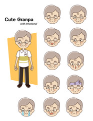 Cartoon vector illustration of Elderly man character with various emotion. Cute granpa.