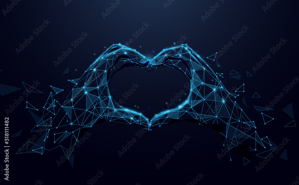 Aufkleber hands making heart sign. valentines day background. abstract lines, triangles and particle style des
