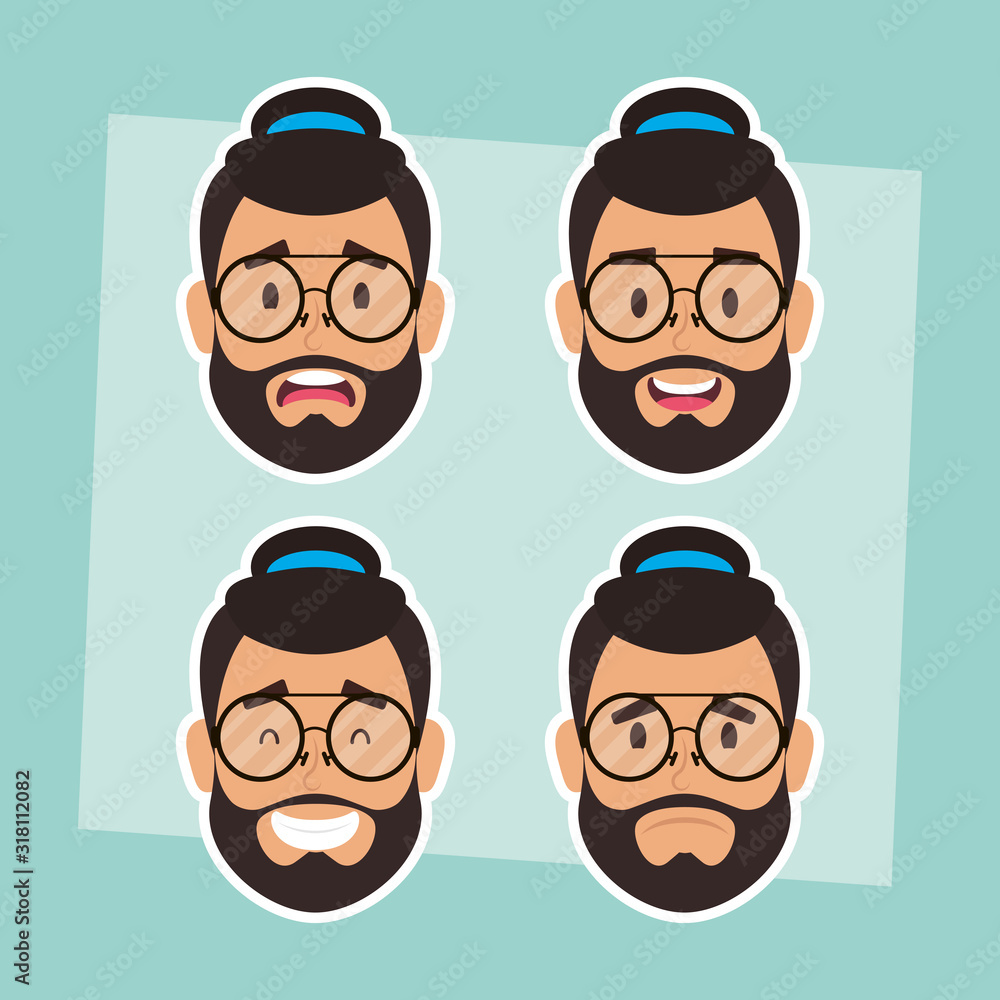 Canvas Prints group of man faces bearded with hat and glasses