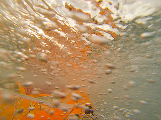 Underwater photo of windsurfing sail and bubbles