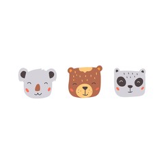 Set of cute wild bear faces, koala, grizzly, panda . Isolated vector illustration animals for baby, kids, child project design. Hand drawn cute style.