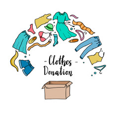 Hand drawn illustration of clothes donate, charity, care concept. Doodle sketch style elements of clothes, donation box for logotype, banner, icon design. Vector illustration.