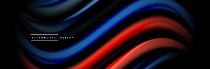Silk and smooth flow wave poster design. Color waves, liquid style lines and shapes in black color background