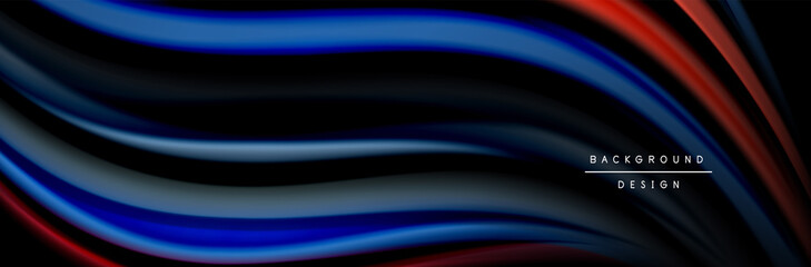 Silk and smooth flow wave poster design. Color waves, liquid style lines and shapes in black color background