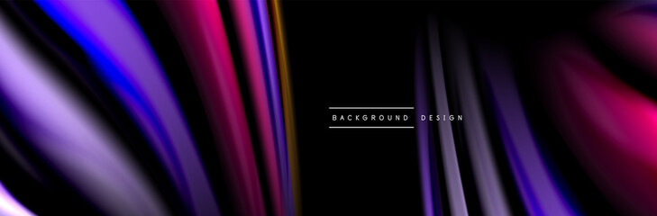 Silk and smooth flow wave poster design. Color waves, liquid style lines and shapes in black color background