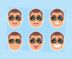 group of man faces with sunglasses characters
