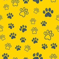 Dog paw doodles seamless pattern. Doggie love background. Puppy cute footprints.