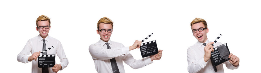 Funny man with movie board on white