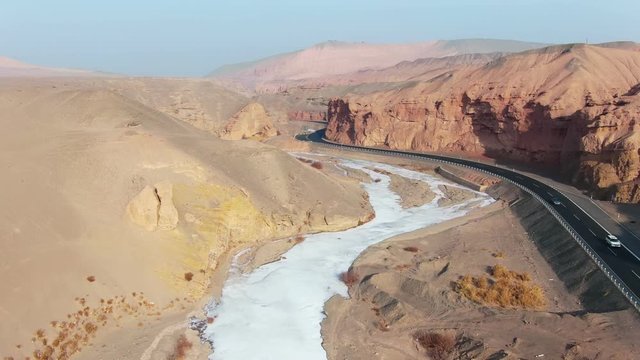 Aerial view of China Xinjiang Taklamakan Desert Aera Canyon in winter season. Drone shot footage 4k(UHD).