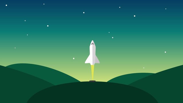 Rocket Ship rocket launch Flying Through Space Animation. Cartoon modern style rocket ship blasting off and explorating space