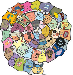 Funny monsters seamless pattern . Color and white background. Vector illustration