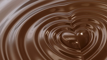 液体のチョコレートに埋もれるハート型のチョコレート。愛、バレンタインのコンセプト。