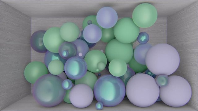 3D animation of balls and ballons flying in a wooden box. Highly realistic CGI.