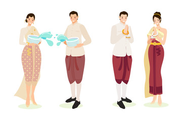 Naklejka premium cute Thai couple in traditional dress for Songkran new year festival eps10 vectors illustration