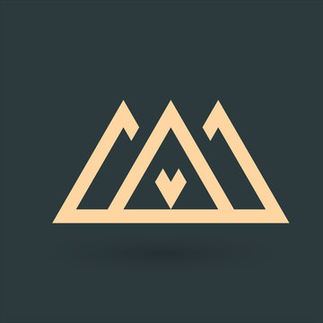 Creative gold trinity futuristic triangle symbol design for company logo. Triple Corporate tech geometric identity concept. Stock Vector illustration isolated on green background.