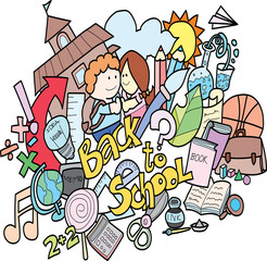 Hand drawn students standing in front of school house