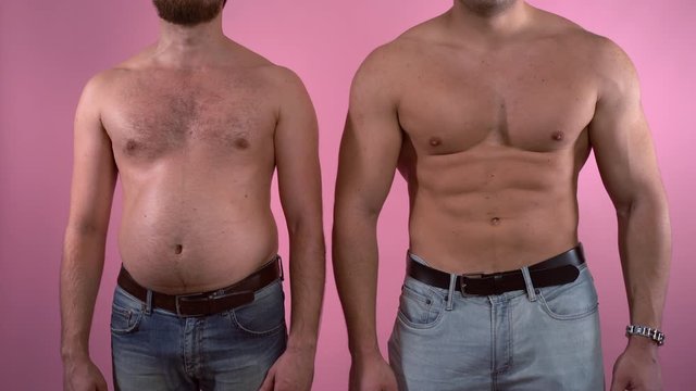 Body transformation after hard sport training, two men in comparison, perfect video motivation how toloose weight. Fat man on the left inflating his belly, muscuar body man showing his perfect torso