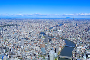 都市風景・箱崎上空より隅田川とスカイツリー