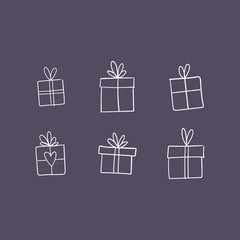Valentine's day gift boxes, hand drawn illustration. Present packaging with ribbon doodles.