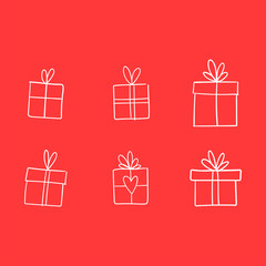 Valentine's day gift boxes, hand drawn illustration. Present packaging with ribbon doodles.