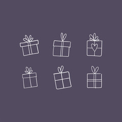 Valentine's day gift boxes, hand drawn illustration. Present packaging with ribbon doodles.