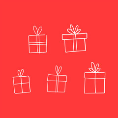 Valentine's day gift boxes, hand drawn illustration. Present packaging with ribbon doodles.