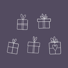 Valentine's day gift boxes, hand drawn illustration. Present packaging with ribbon doodles.