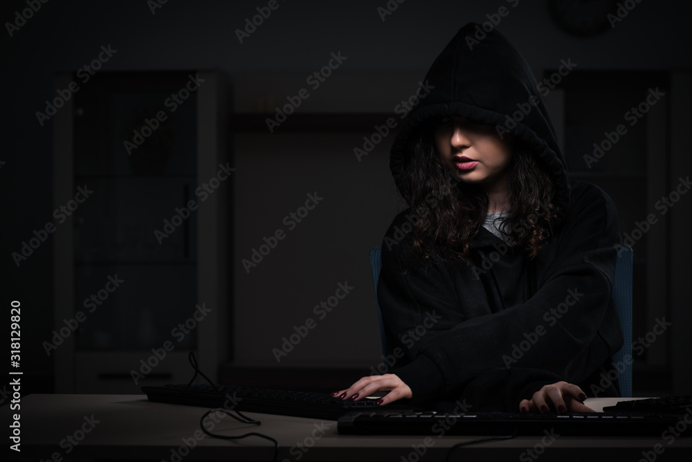 Poster female hacker hacking security firewall late in office