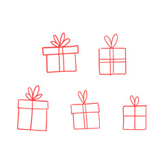 Valentine's day gift boxes, hand drawn illustration. Present packaging with ribbon doodles.