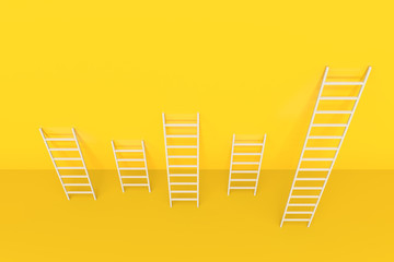Ladder on clean yellow empty wall background for place somethings. Minimalistic design competition concept. 3D randering.