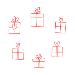 Valentine's day gift boxes, hand drawn illustration. Present packaging with ribbon doodles.