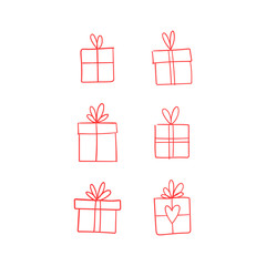 Valentine's day gift boxes, hand drawn illustration. Present packaging with ribbon doodles.
